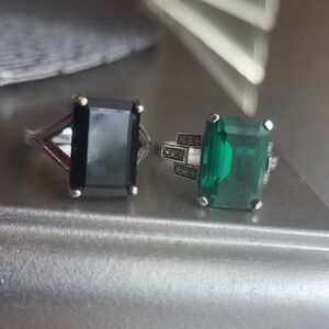 2 Gemstone Rings Black ONYX & emerald GREEN